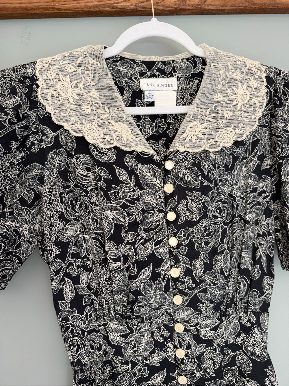 Vintage Jane Singer Black Cream Floral Cottagecore Button Front Midi Dress - Picture 4 of 14